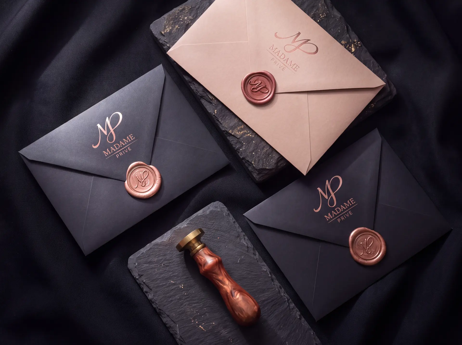 Madame Privé envelopes sealed with rose gold wax on dark silk